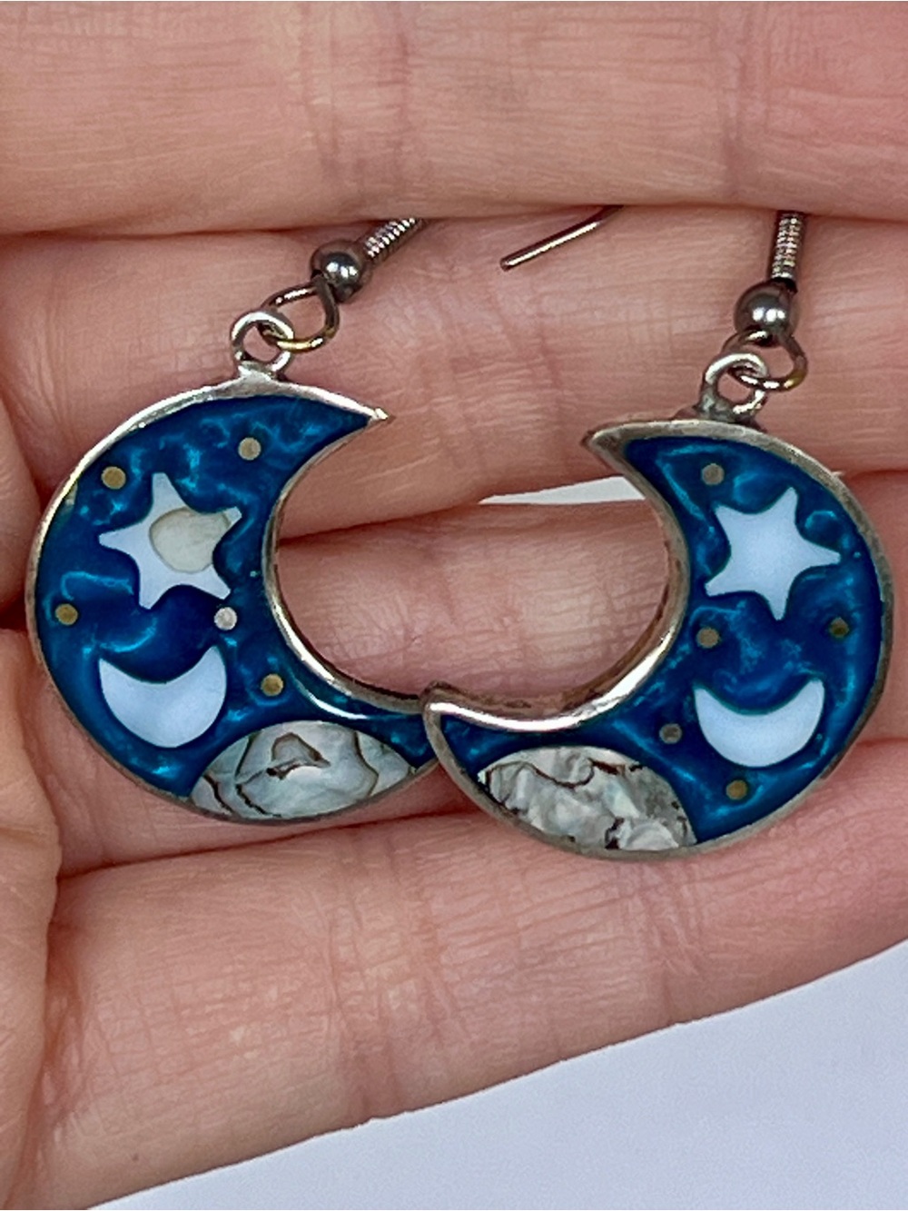 Mexico Alpaca Abalone Silver Shell Blue Moon Stars Celestial Earrings Vintage